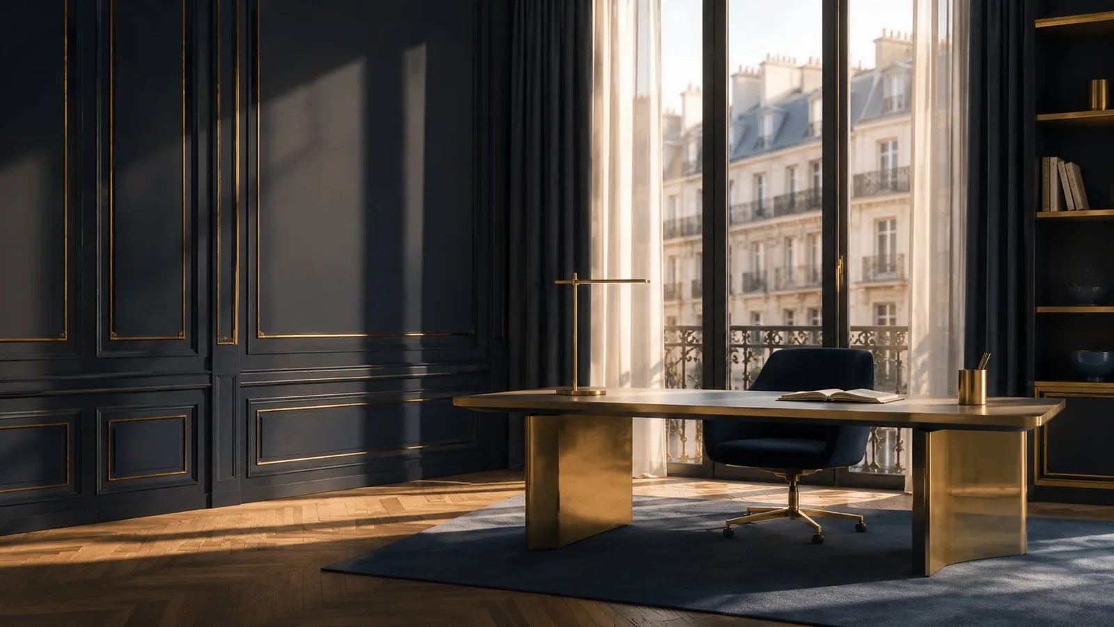 Bureau haussmannien lumineux, ambiance de cabinet parisien